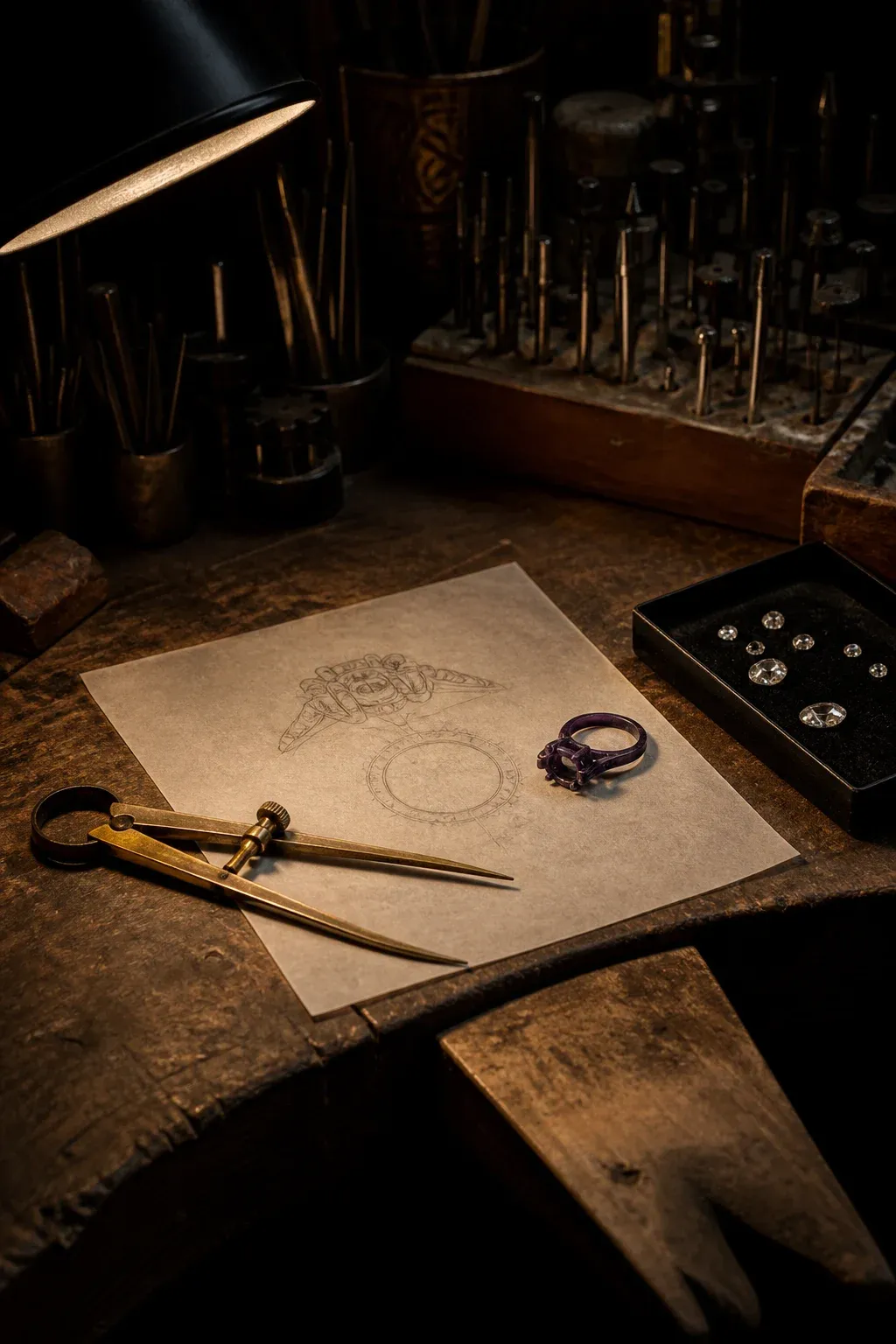 Jewelry studies, tools and stones on the working bench